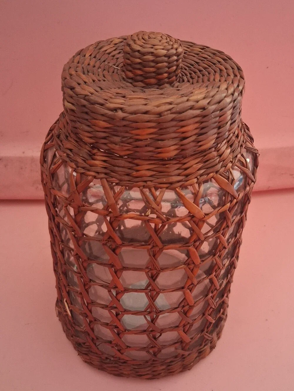 Woven Rattan Glass Jar with Lid - Brown NWT